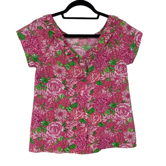 Lilly Pulitzer Silk Blend Button Back Pink Floral Short Sleeve Top Womens 2 - Picture 6 of 7